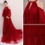Elegant Burgundy Evening Dresses  2018 A-Line / Princess Scoop Neck Puffy Long Sleeve Court Train Ruffle Backless Formal Dresses