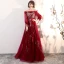 Elegant Burgundy Evening Dresses  2018 A-Line / Princess Off-The-Shoulder Puffy Long Sleeve Appliques Lace Floor-Length / Long Ruffle Backless Formal Dresses