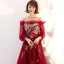 Elegant Burgundy Evening Dresses  2018 A-Line / Princess Off-The-Shoulder Puffy Long Sleeve Appliques Lace Floor-Length / Long Ruffle Backless Formal Dresses