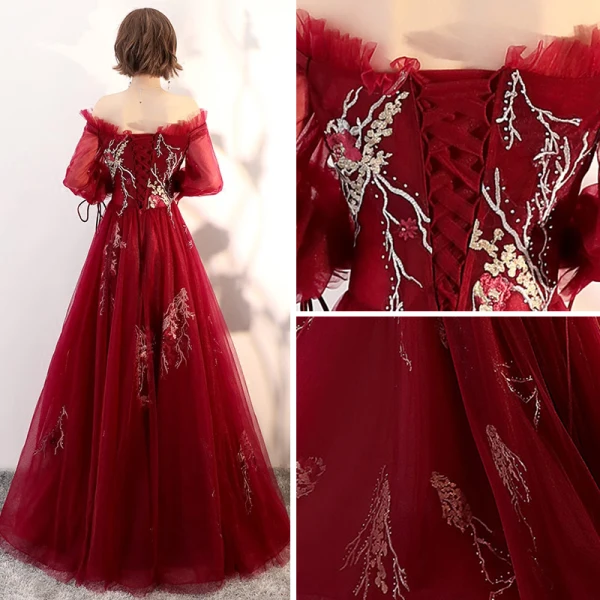 Elegant Burgundy Evening Dresses 2018 A-Line / Princess Off-The-Shoulder Puffy Long Sleeve Appliques Lace Floor-Length / Long Ruffle Backless Formal Dresses