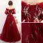 Elegant Burgundy Evening Dresses  2018 A-Line / Princess Off-The-Shoulder Puffy Long Sleeve Appliques Lace Floor-Length / Long Ruffle Backless Formal Dresses