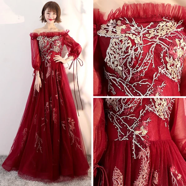 Elegant Burgundy Evening Dresses 2018 A-Line / Princess Off-The-Shoulder Puffy Long Sleeve Appliques Lace Floor-Length / Long Ruffle Backless Formal Dresses