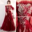Elegant Burgundy Evening Dresses  2018 A-Line / Princess Off-The-Shoulder Puffy Long Sleeve Appliques Lace Floor-Length / Long Ruffle Backless Formal Dresses