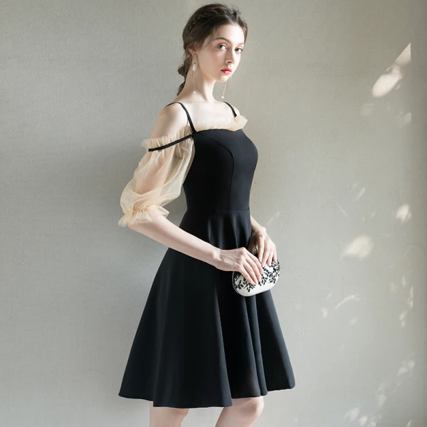 Modern / Fashion Black Homecoming Graduation Dresses 2019 A-Line / Princess Square Neckline Puffy 1/2 Sleeves Short Ruffle Backless Formal Dresses