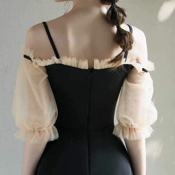 Modern / Fashion Black Homecoming Graduation Dresses 2019 A-Line / Princess Square Neckline Puffy 1/2 Sleeves Short Ruffle Backless Formal Dresses