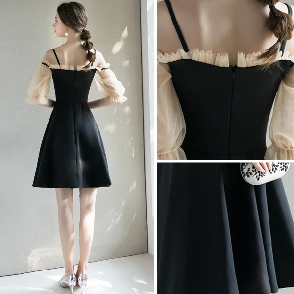 Modern / Fashion Black Homecoming Graduation Dresses 2019 A-Line / Princess Square Neckline Puffy 1/2 Sleeves Short Ruffle Backless Formal Dresses