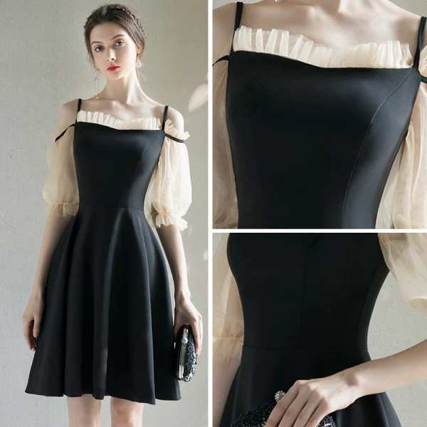 Modern / Fashion Black Homecoming Graduation Dresses 2019 A-Line / Princess Square Neckline Puffy 1/2 Sleeves Short Ruffle Backless Formal Dresses