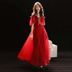 Simple Bordeaux Robe De Soirée 2018 Princesse Bretelles Spaghetti V Cou 1 2 Manches Longueur Cheville Volants Dos Nu Robe De Ceremonie
