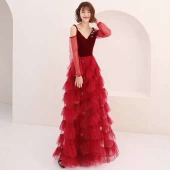 Sexy Burgundy Summer Prom Dresses 2019 A Line Princess Spaghetti Straps Puffy Long Sleeve Star Appliques Sequins Floor Length Long Cascading Ruffles Backless Formal Dresses