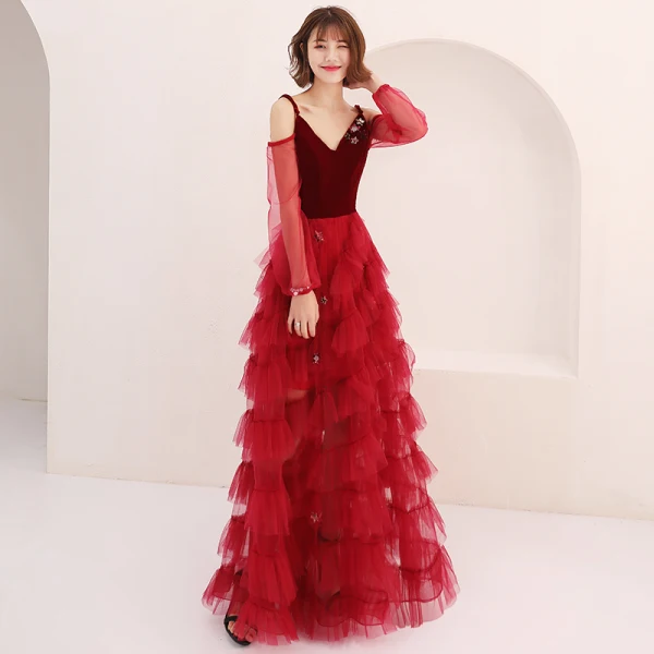 Sexy Burgundy Summer Prom Dresses 2019 A-Line / Princess Spaghetti Straps Puffy Long Sleeve Star Appliques Sequins Floor-Length / Long Cascading Ruffles Backless Formal Dresses
