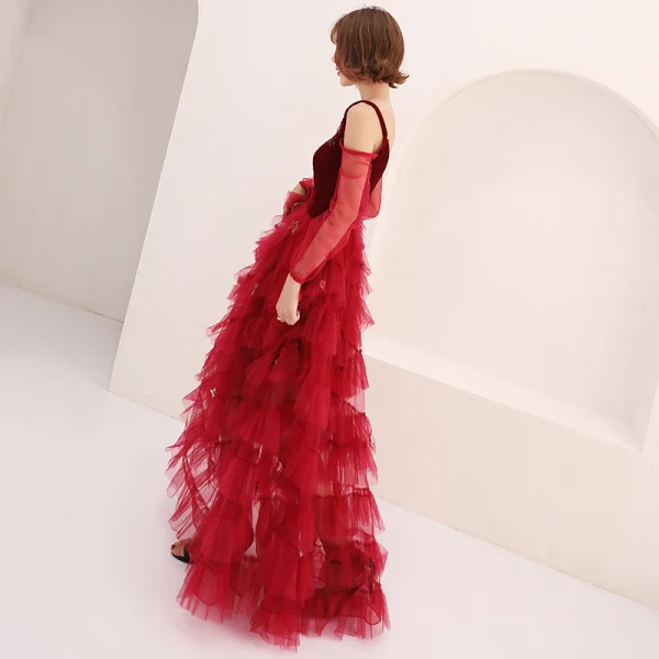 Sexy Burgundy Summer Prom Dresses 2019 A-Line / Princess Spaghetti Straps Puffy Long Sleeve Star Appliques Sequins Floor-Length / Long Cascading Ruffles Backless Formal Dresses
