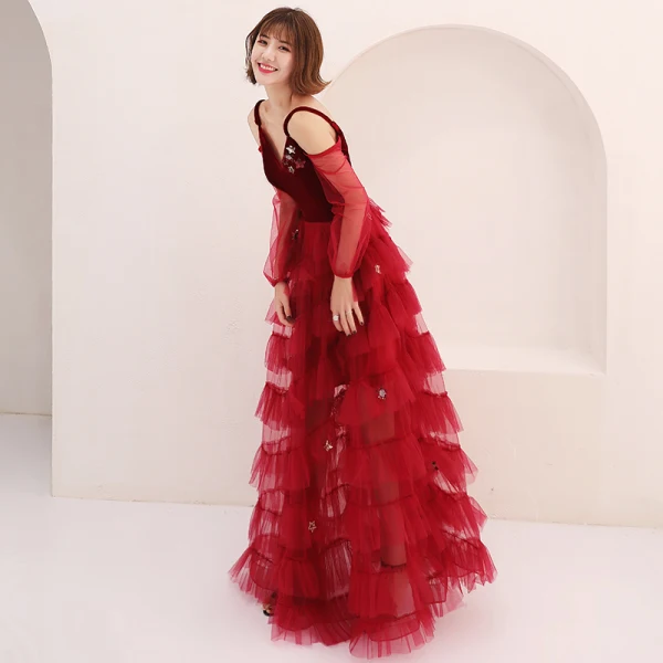 Sexy Burgundy Summer Prom Dresses 2019 A-Line / Princess Spaghetti Straps Puffy Long Sleeve Star Appliques Sequins Floor-Length / Long Cascading Ruffles Backless Formal Dresses