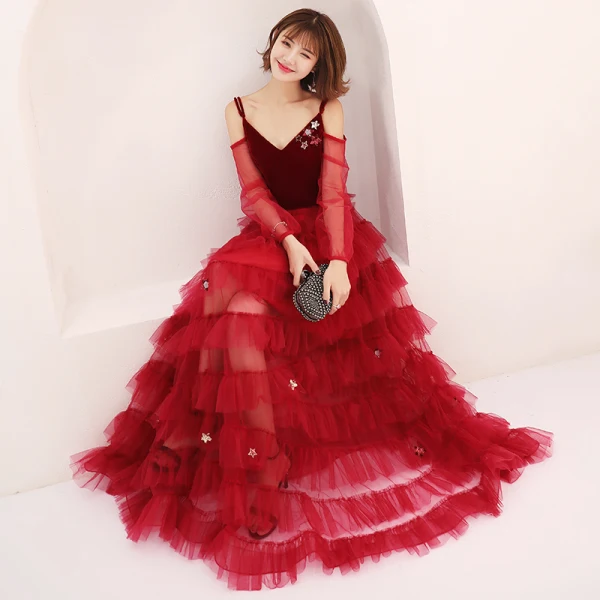 Sexy Burgundy Summer Prom Dresses 2019 A-Line / Princess Spaghetti Straps Puffy Long Sleeve Star Appliques Sequins Floor-Length / Long Cascading Ruffles Backless Formal Dresses