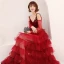 Sexy Burgundy Summer Prom Dresses 2019 A-Line / Princess Spaghetti Straps Puffy Long Sleeve Star Appliques Sequins Floor-Length / Long Cascading Ruffles Backless Formal Dresses