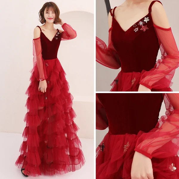 Sexy Burgundy Summer Prom Dresses 2019 A-Line / Princess Spaghetti Straps Puffy Long Sleeve Star Appliques Sequins Floor-Length / Long Cascading Ruffles Backless Formal Dresses