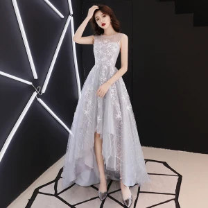 Haute Basse Gris Transparentes Robe De Bal 2019 Princesse Encolure Dégagée Sans Manches Étoile Appliques En Dentelle Asymétrique Volants Robe De Ceremonie