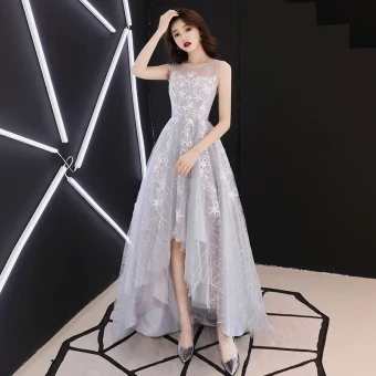 High Low Grey See Through Prom Dresses 2019 A Line Princess Scoop Neck Sleeveless Star Appliques Lace Asymmetrical Ruffle Formal Dresses