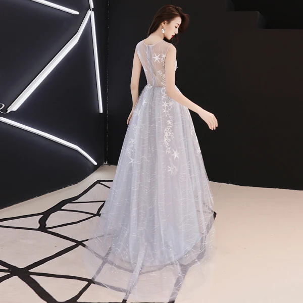 High Low Grey See-through Prom Dresses 2019 A-Line / Princess Scoop Neck Sleeveless Star Appliques Lace Asymmetrical Ruffle Formal Dresses