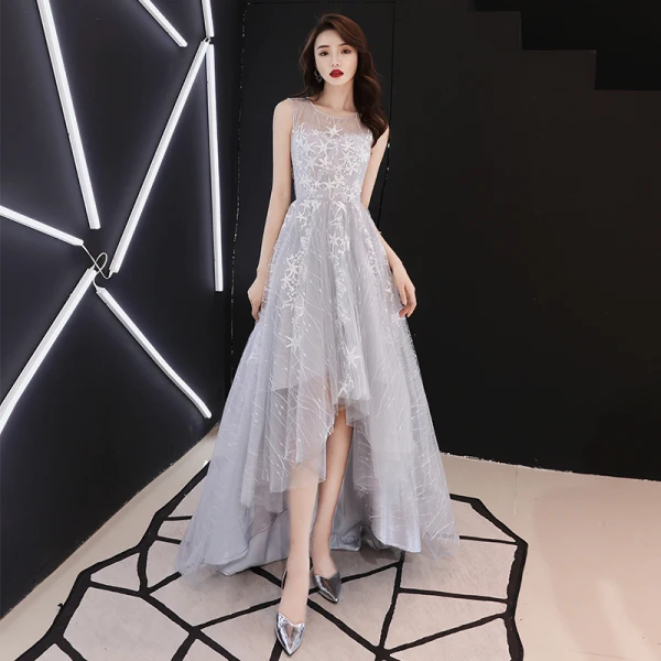 High Low Grey See-through Prom Dresses 2019 A-Line / Princess Scoop Neck Sleeveless Star Appliques Lace Asymmetrical Ruffle Formal Dresses