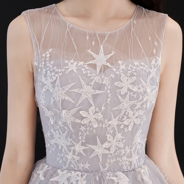 High Low Grey See-through Prom Dresses 2019 A-Line / Princess Scoop Neck Sleeveless Star Appliques Lace Asymmetrical Ruffle Formal Dresses