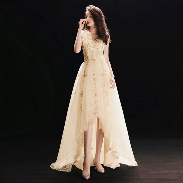 High Low Grey See-through Prom Dresses 2019 A-Line / Princess Scoop Neck Sleeveless Star Appliques Lace Asymmetrical Ruffle Formal Dresses