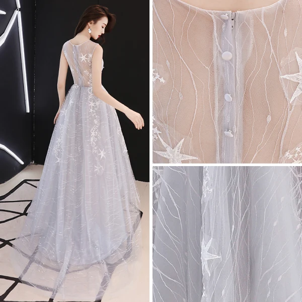 High Low Grey See-through Prom Dresses 2019 A-Line / Princess Scoop Neck Sleeveless Star Appliques Lace Asymmetrical Ruffle Formal Dresses