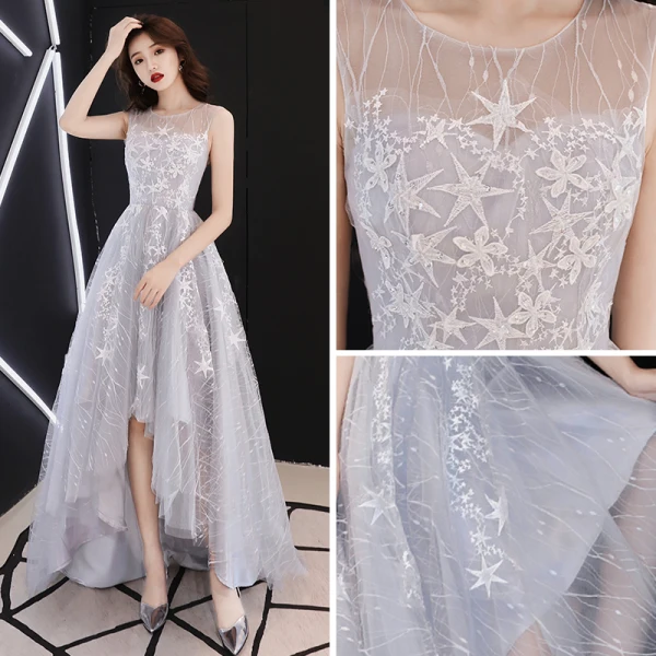 High Low Grey See-through Prom Dresses 2019 A-Line / Princess Scoop Neck Sleeveless Star Appliques Lace Asymmetrical Ruffle Formal Dresses