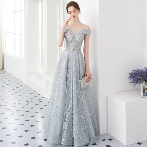 Illusion Argenté Robe De Soirée 2019 Princesse U Cou Manches Courtes Glitter Tulle Métal Ceinture Longue Volants Dos Nu Robe De Ceremonie