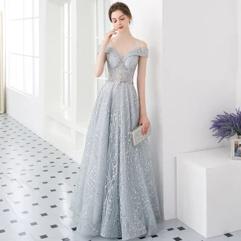 Illusion Silver Evening Dresses 2019 A Line Princess U Neck Short Sleeve Glitter Tulle Metal Sash Floor Length Long Ruffle Backless Formal Dresses