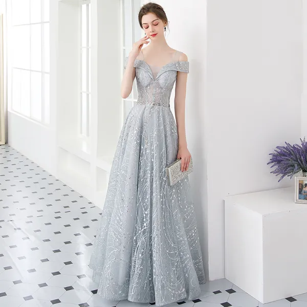 Illusion Silver Evening Dresses  2019 A-Line / Princess U-Neck Short Sleeve Glitter Tulle Metal Sash Floor-Length / Long Ruffle Backless Formal Dresses