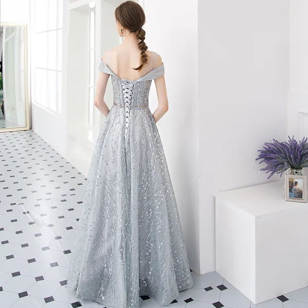 Illusion Silver Evening Dresses 2019 A-Line / Princess U-Neck Short Sleeve Glitter Tulle Metal Sash Floor-Length / Long Ruffle Backless Formal Dresses