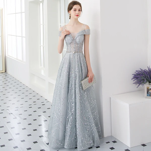 Illusion Silver Evening Dresses 2019 A Line Princess U Neck Short Sleeve  Glitter Tulle Metal Sash Floor Length Long Ruffle Backless Formal Dresses