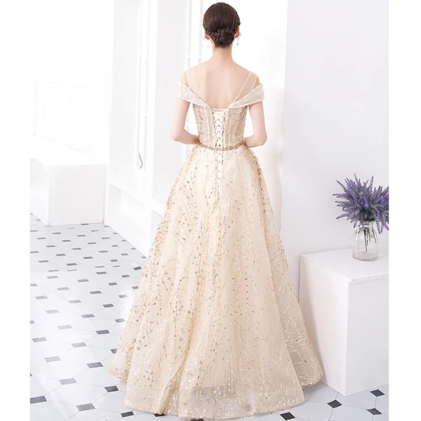 Illusion Silver Evening Dresses 2019 A-Line / Princess U-Neck Short Sleeve Glitter Tulle Metal Sash Floor-Length / Long Ruffle Backless Formal Dresses