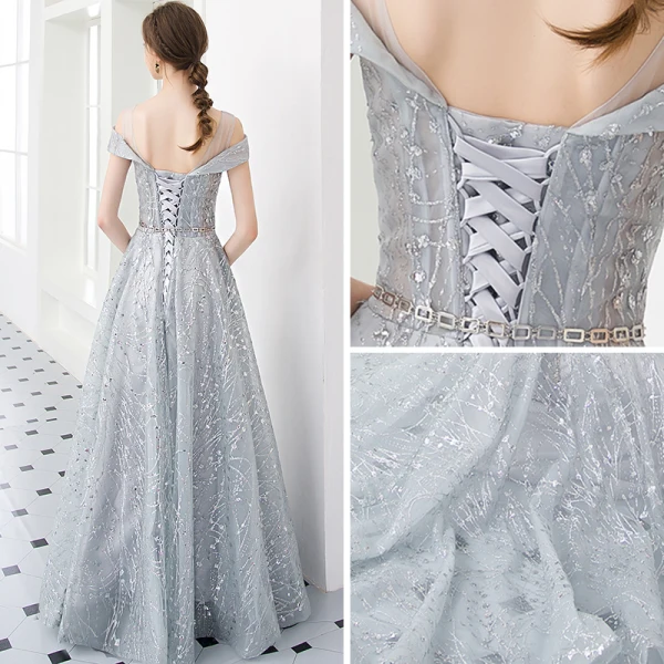 Illusion Silver Evening Dresses 2019 A-Line / Princess U-Neck Short Sleeve Glitter Tulle Metal Sash Floor-Length / Long Ruffle Backless Formal Dresses