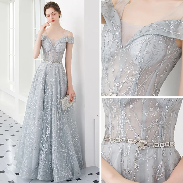 Illusion Silver Evening Dresses 2019 A-Line / Princess U-Neck Short Sleeve Glitter Tulle Metal Sash Floor-Length / Long Ruffle Backless Formal Dresses
