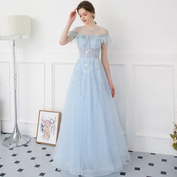 Modern Fashion Sky Blue Evening Dresses 2018 A Line Princess See Through Scoop Neck Short Sleeve Beading Appliques Lace Pearl Feather Floor Length Long Backless Formal Dresses