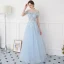 Modern / Fashion Sky Blue Evening Dresses  2018 A-Line / Princess See-through Scoop Neck Short Sleeve Beading Appliques Lace Pearl Feather Floor-Length / Long Backless Formal Dresses