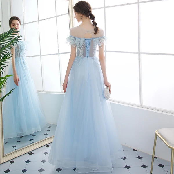 Modern / Fashion Sky Blue Evening Dresses 2018 A-Line / Princess See-through Scoop Neck Short Sleeve Beading Appliques Lace Pearl Feather Floor-Length / Long Backless Formal Dresses