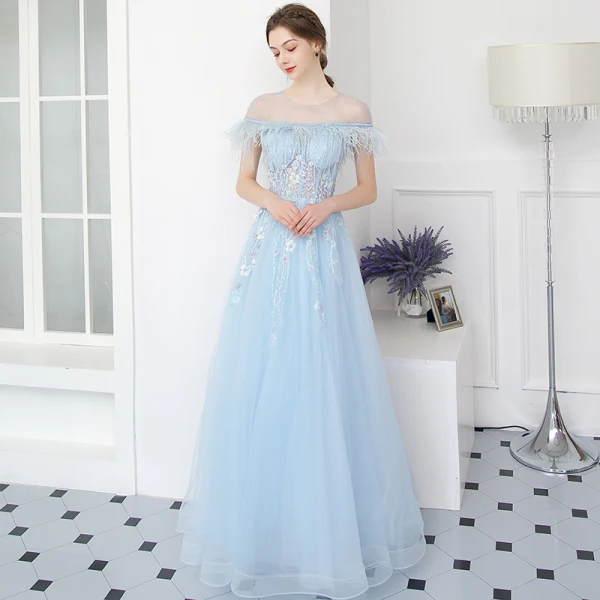 Modern / Fashion Sky Blue Evening Dresses 2018 A-Line / Princess See-through Scoop Neck Short Sleeve Beading Appliques Lace Pearl Feather Floor-Length / Long Backless Formal Dresses