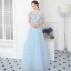 Modern / Fashion Sky Blue Evening Dresses  2018 A-Line / Princess See-through Scoop Neck Short Sleeve Beading Appliques Lace Pearl Feather Floor-Length / Long Backless Formal Dresses