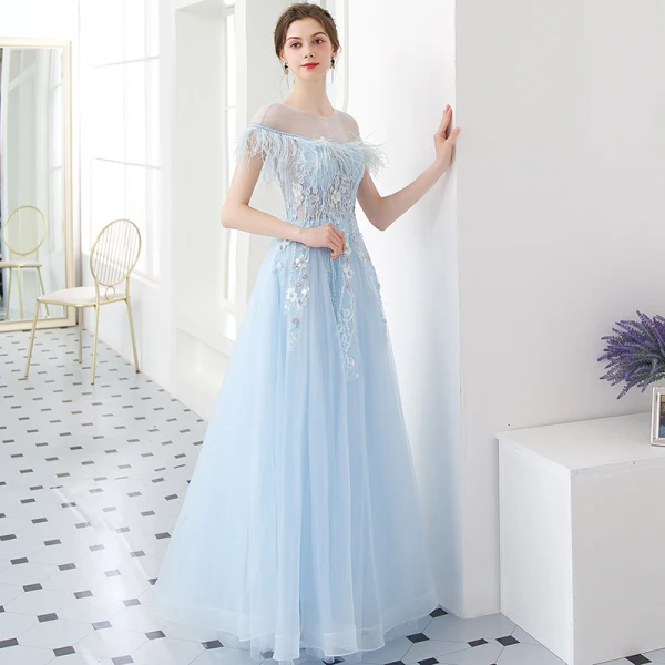 Modern / Fashion Sky Blue Evening Dresses 2018 A-Line / Princess See-through Scoop Neck Short Sleeve Beading Appliques Lace Pearl Feather Floor-Length / Long Backless Formal Dresses