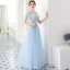 Modern / Fashion Sky Blue Evening Dresses  2018 A-Line / Princess See-through Scoop Neck Short Sleeve Beading Appliques Lace Pearl Feather Floor-Length / Long Backless Formal Dresses