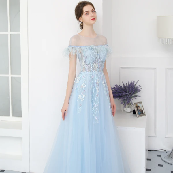 Modern / Fashion Sky Blue Evening Dresses 2018 A-Line / Princess See-through Scoop Neck Short Sleeve Beading Appliques Lace Pearl Feather Floor-Length / Long Backless Formal Dresses