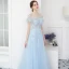 Modern / Fashion Sky Blue Evening Dresses  2018 A-Line / Princess See-through Scoop Neck Short Sleeve Beading Appliques Lace Pearl Feather Floor-Length / Long Backless Formal Dresses