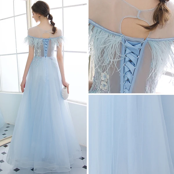 Modern / Fashion Sky Blue Evening Dresses 2018 A-Line / Princess See-through Scoop Neck Short Sleeve Beading Appliques Lace Pearl Feather Floor-Length / Long Backless Formal Dresses