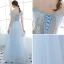 Modern / Fashion Sky Blue Evening Dresses  2018 A-Line / Princess See-through Scoop Neck Short Sleeve Beading Appliques Lace Pearl Feather Floor-Length / Long Backless Formal Dresses