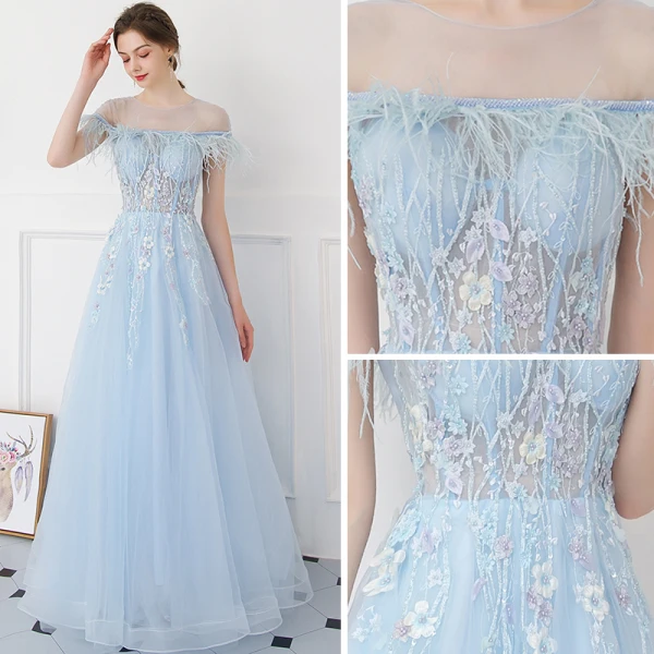 Modern / Fashion Sky Blue Evening Dresses 2018 A-Line / Princess See-through Scoop Neck Short Sleeve Beading Appliques Lace Pearl Feather Floor-Length / Long Backless Formal Dresses