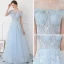 Modern / Fashion Sky Blue Evening Dresses  2018 A-Line / Princess See-through Scoop Neck Short Sleeve Beading Appliques Lace Pearl Feather Floor-Length / Long Backless Formal Dresses
