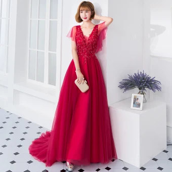 Chic Beautiful Burgundy Evening Dresses 2018 A Line Princess V Neck Short Sleeve Appliques Lace Beading Court Train Ruffle Backless Formal Dresses