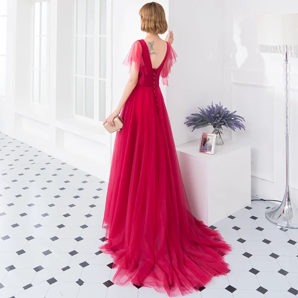 Chic / Beautiful Burgundy Evening Dresses 2018 A-Line / Princess V-Neck Short Sleeve Appliques Lace Beading Court Train Ruffle Backless Formal Dresses